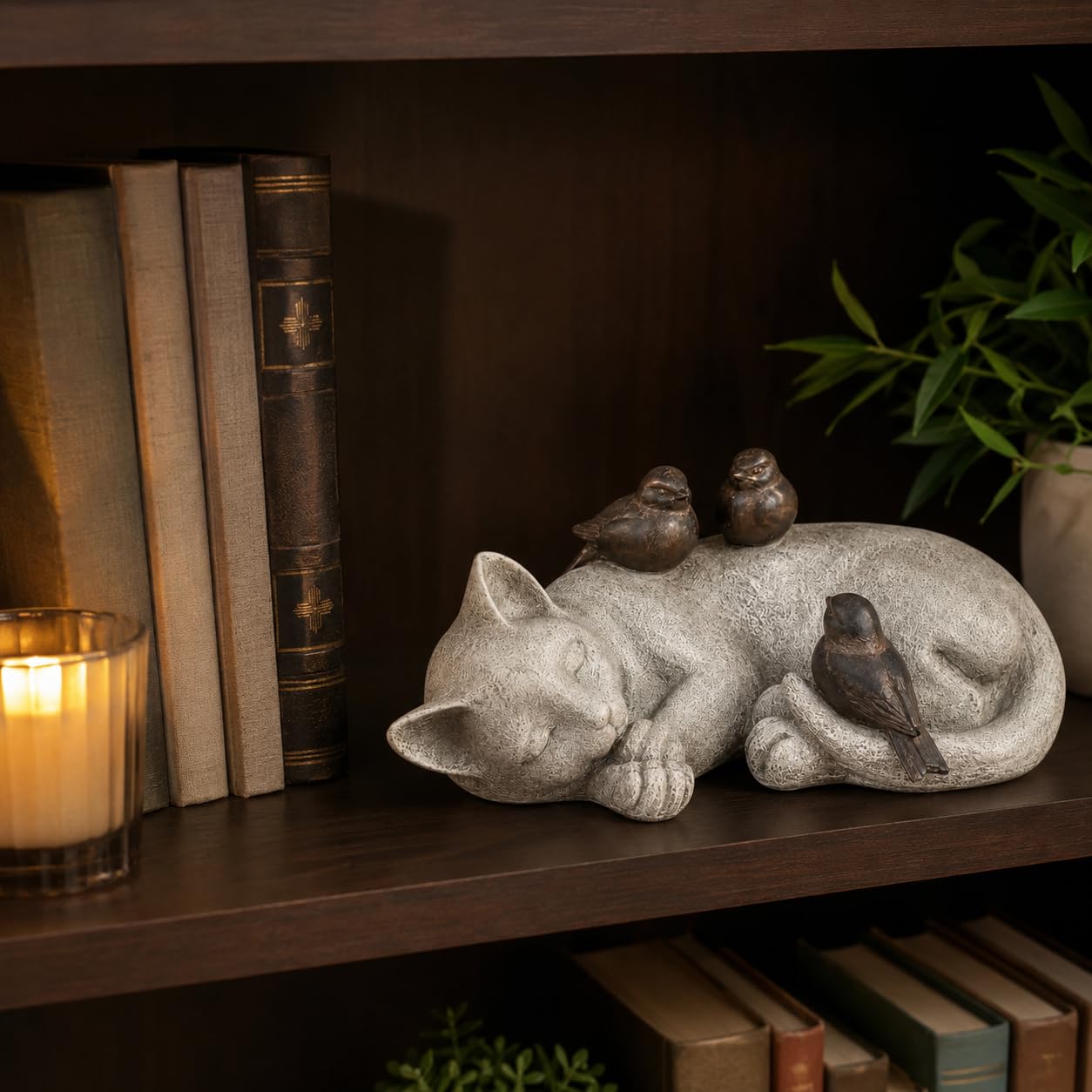 Comfy Hour 4.7" Sleeping Cat with Sparrows Garden Statue, Stone Look Cat Memorial Accent for Outdoor Indoor, Unique Cat Lover Present for Women, Sympathy Pet Remembrance Figurine, 1 Unit