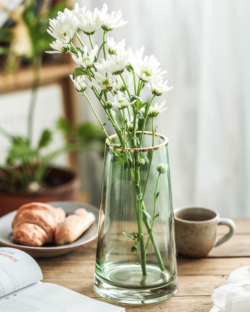 FUNSOBA Green Glass Flower Vase with Gold Mouth for Centerpieces Home Wedding Decoration (1, Small)