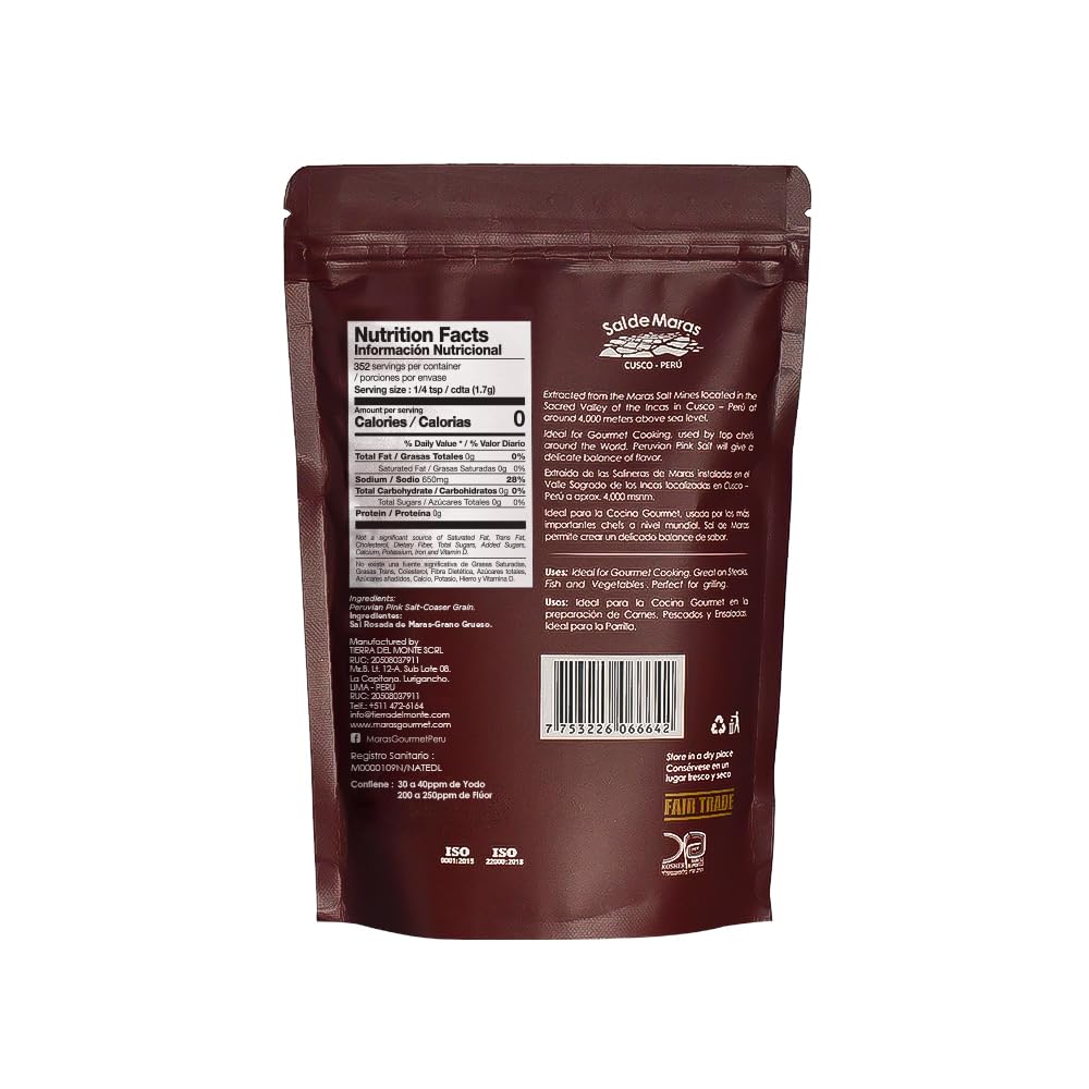 MARAS GOURMET Peruvian Pink Salt - Coarse Grain, Organic Mineral Salt Hand-Harvested from Maras Salt Mines | Gourmet Coarse Salt for Grinder & Grill 21 oz. (600g) Pouch.