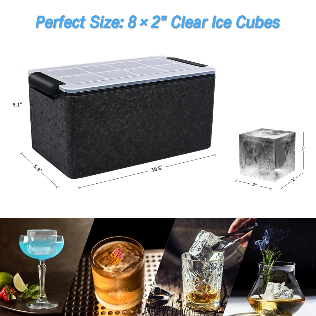 TINANA Upgrade 2 Inch Clear Ice Cube Tray Make 8 Large Square Crystal Ice Cube Maker for Cocktail, Whiskey & Bourbon Drinks, Gifts for Men