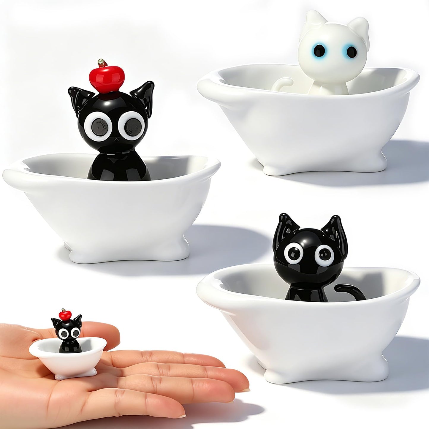 Novabright 3 Pcs Miniature Glass Cat-in-Bathtub Figurines Cute Mini Decorative Ornament for Dollhouse Unique Gift for Cat Lovers Lampwork Collection