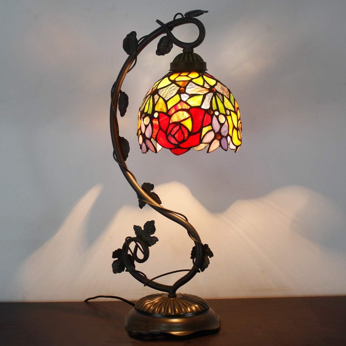 WERFACTORY Tiffany Table Lamp Rose Style Stained Glass Reading Desk Light