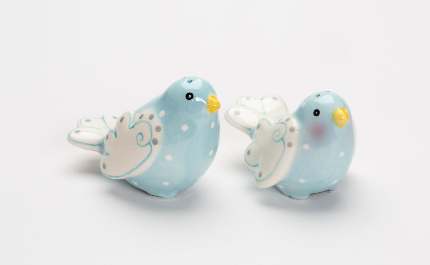 Fine Ceramic Lovebird Bluebird Pastel Baby Blue Bird with White Wings and White Polka Dots Design Salt and Pepper Shakers Set, 3-5/8" L