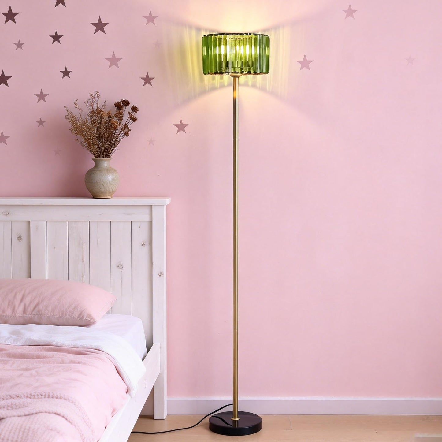Asmymhd Modern Crystal Floor Lamp, Gold Standing Light with Green Crystal Shade, Mid Century Pole Lamp for Living Room, Bedroom, Corner Office (Gold and Green)