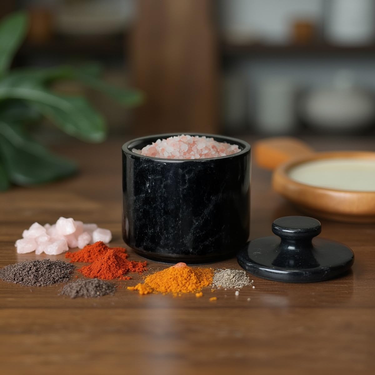 Marmor Krafts Handcrafted 3-Inch Black Single Marble Salt Cellar with Lid | Elegant Kitchen Decor, Salt Keeper Bowl, Spice Jar | Perfect for Flaky Sea Salt & Himalayan Pink Salt