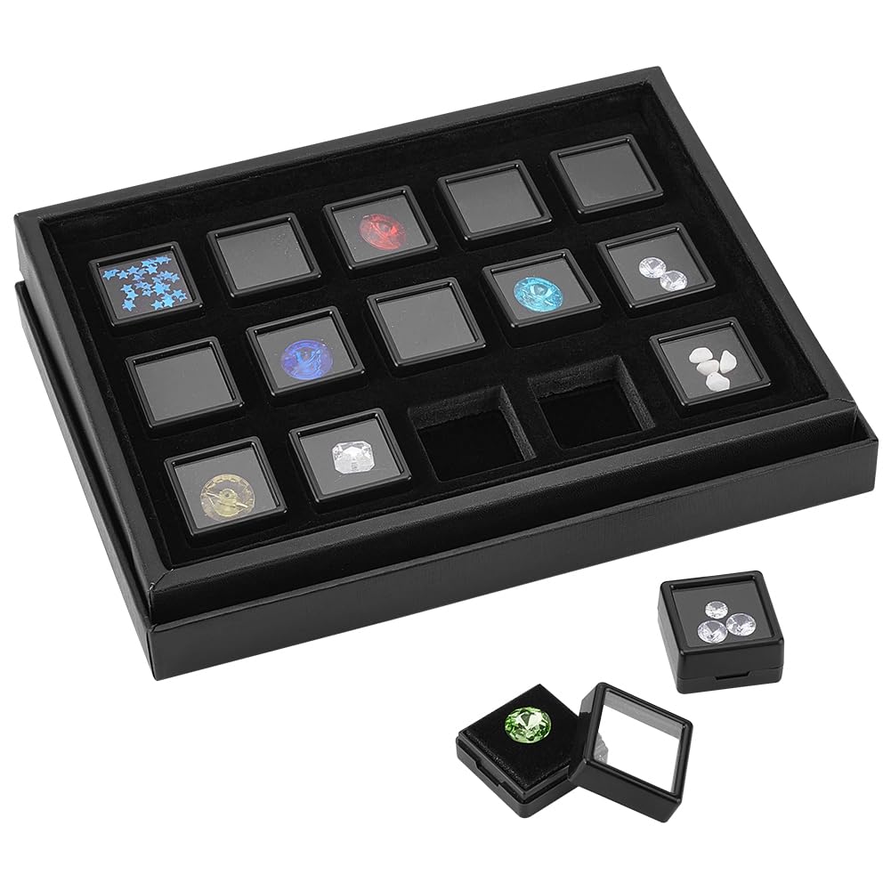 PH PandaHall Gemstone Display Boxes, Black Plastic Gem Box Loose Diamond Conrainers Jewelry Holder with 1.16" 15pcs Small Black Square Storage Box with Sponge for Small Item, Gems, Diamonds