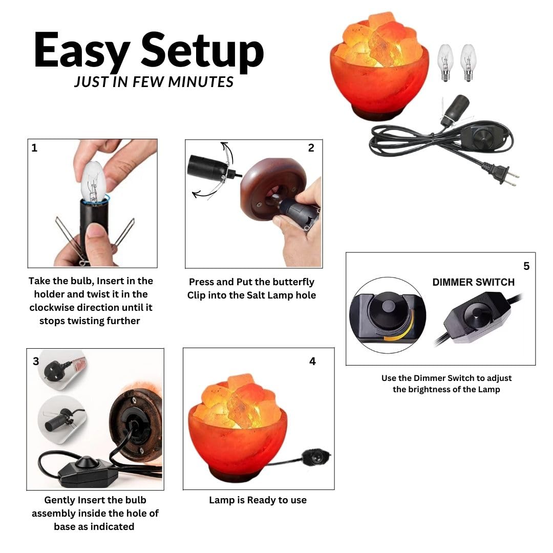 NatureBoost Himalayan Pink Salt Lamp Bowl with Chunks (BowlChunks) – Includes Dimmer Switch & 2 Bulbs, Unique Gift Idea