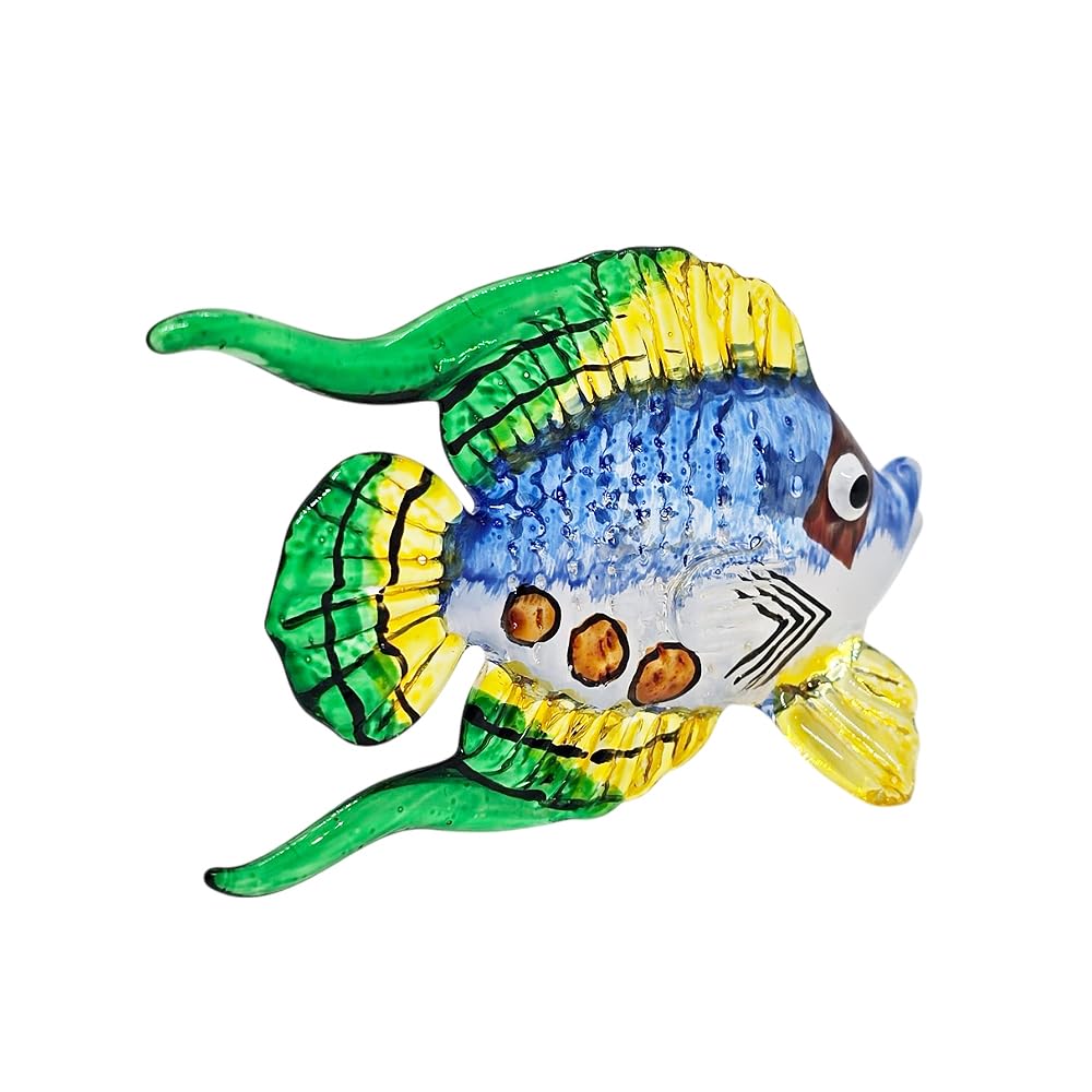 WitnyStore 3½" Blue Green Yellow Angelfish Angel Fish Artistic Blown Glass Figurine Hand-Blown Statue Tabletop Decoration Unique Collectible for Adult Collectors Handcrafted Elegant Home Room Decor