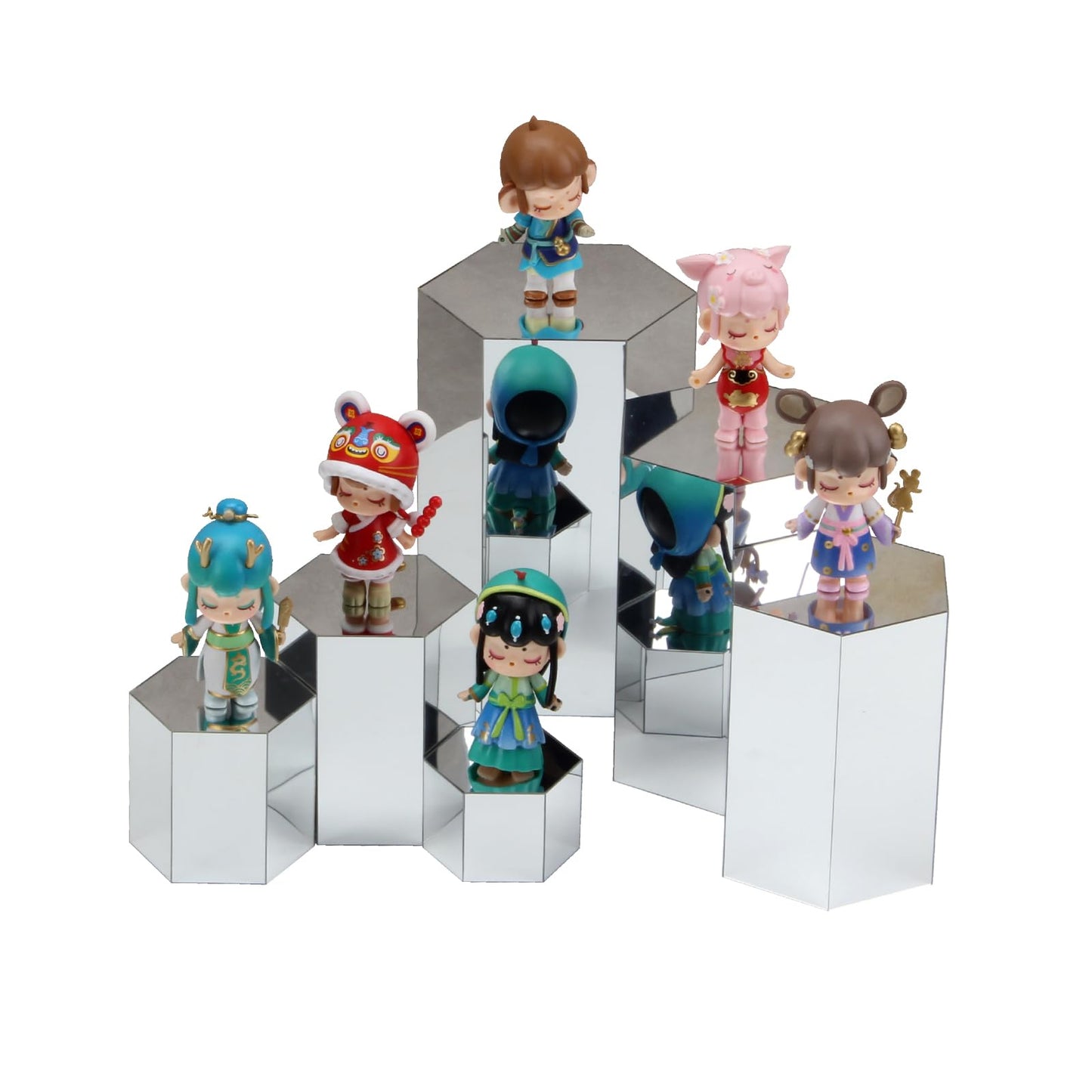 Kcgani Hexagonal Mirror Acrylic Jewelry Display Risers, Hexagon Display Riser Stands Multipurpose Riser, Perfume Figure Showcase Display Stand Makeup Brush Cosmetic Holder Storage Containers, Set of 6