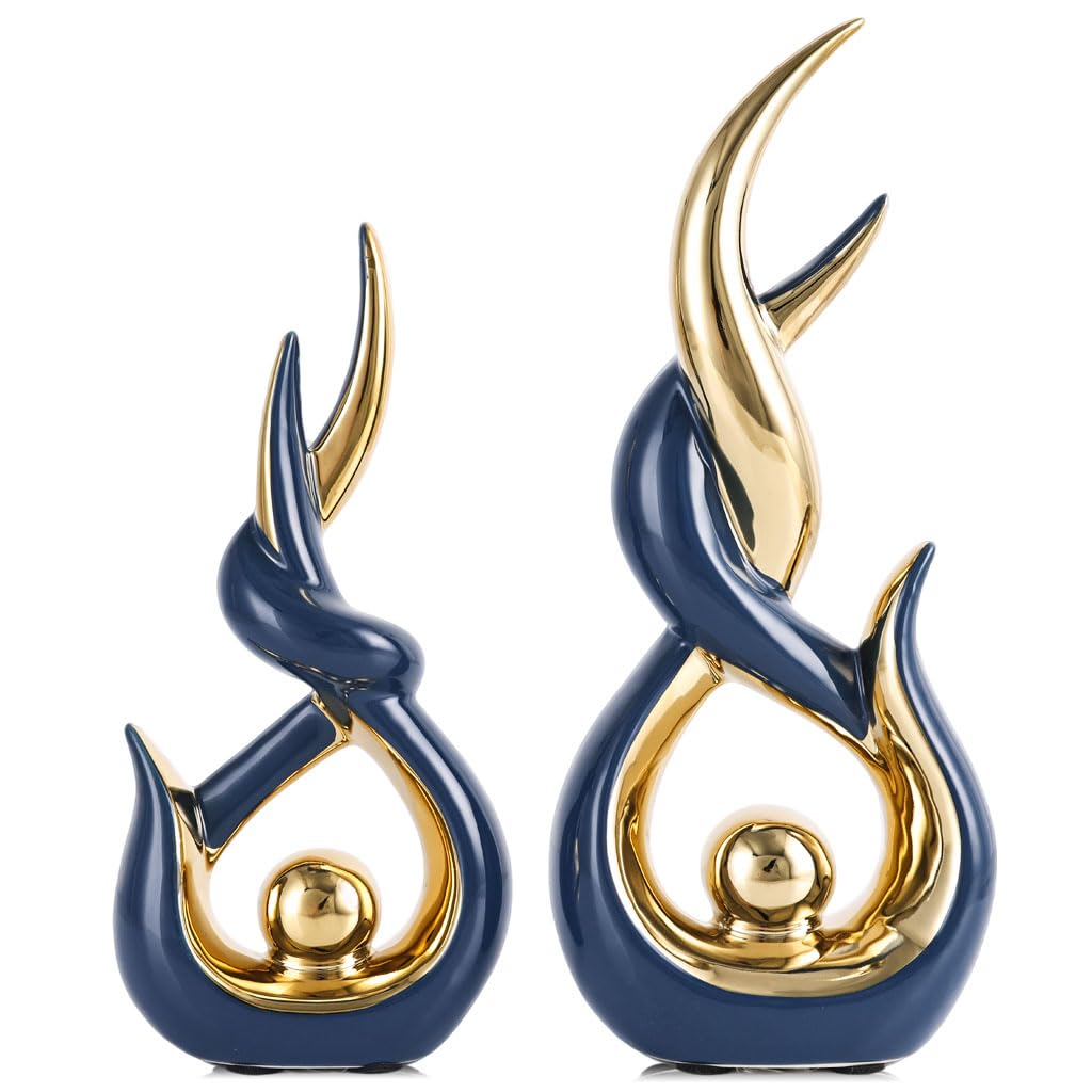 Blue Gold Ceramic Abstract 2 Piece Statue Set,Mid Century Modern Abstract Art Home Decor Statue Mantelpiece on Unique Shelf Decor, TV Cabinet Divider Table top and Dining Table Centerpiece (Blue)