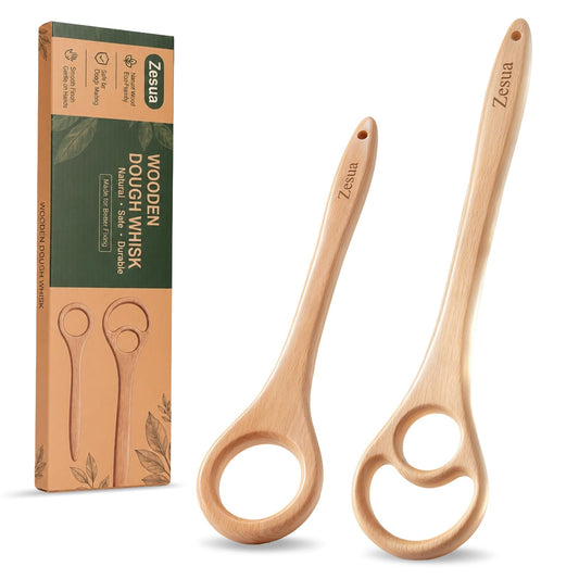 Set of 2 Wooden Dough Whisk, 13'' and 9.8'' One-Piece Solid Beech Wood Danish Dough Whisk for Sourdough, Bread, Pizza Pastry Mixing, Easy Clean Wooden Dough Mixer for Baking