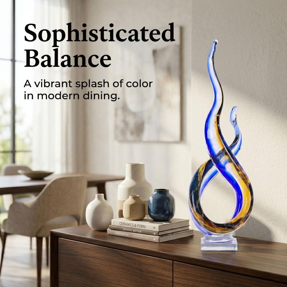 QIANLING 18.1 Inch Glass Wave Sculpture, Hand Blown Abstract Glass Figurine, Tall Decorative Glass Sculpture for Living Room Shelf, Mantel, Bedroom, Tabletop, Office and Home Decor Accent