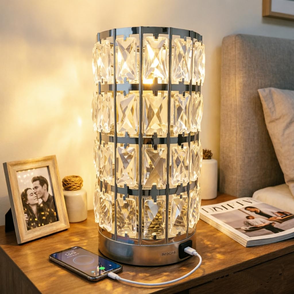 Jposbeam Cylinder Crystal Table Lamp,K9 Crystal,Triangular Prism, USB Charging,Includes LED Bulbs