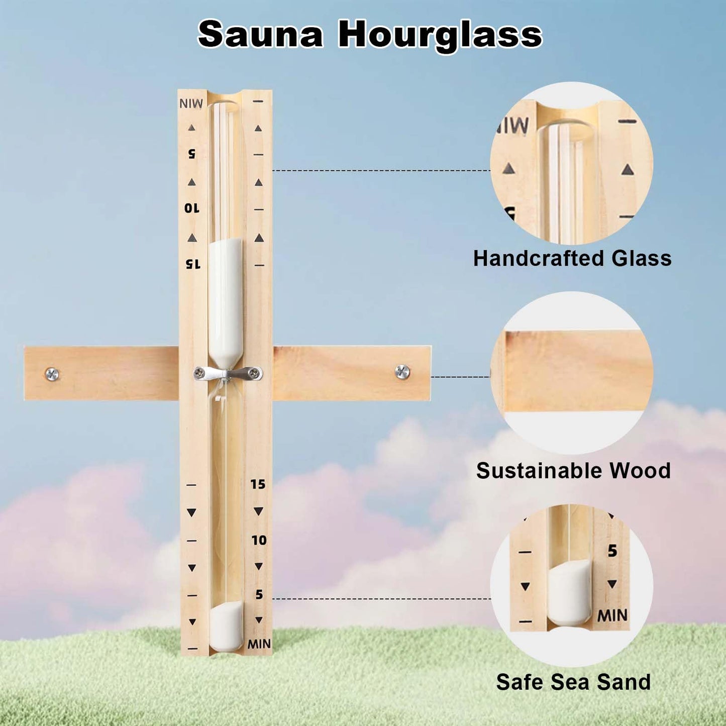Sauna Sand Timer 15 Minute, Heat Resistant Wooden Sauna Hourglass with White Sand, Reloj De Arena, 15M Rotating Sand Clock Hour Glass Timer for SPA