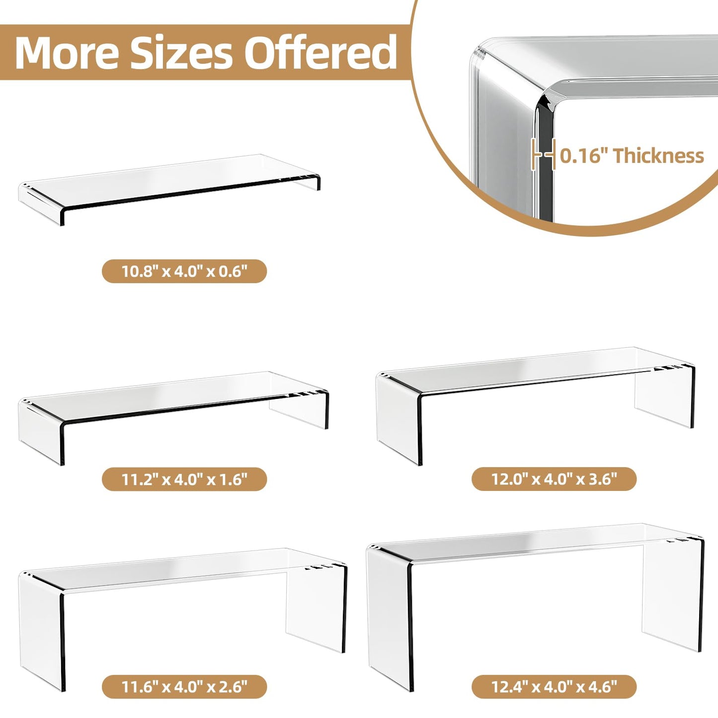 5-Pack Acrylic Spice Rack(10.8"~12.4"L), Seasoning Organizer with Non-Slide Silicone Pads, Clear Cabinet Organizer Shelf for Kitchen Countertop, Cupboard, Pantry, Shelf Riser Rack for Cans and Cups