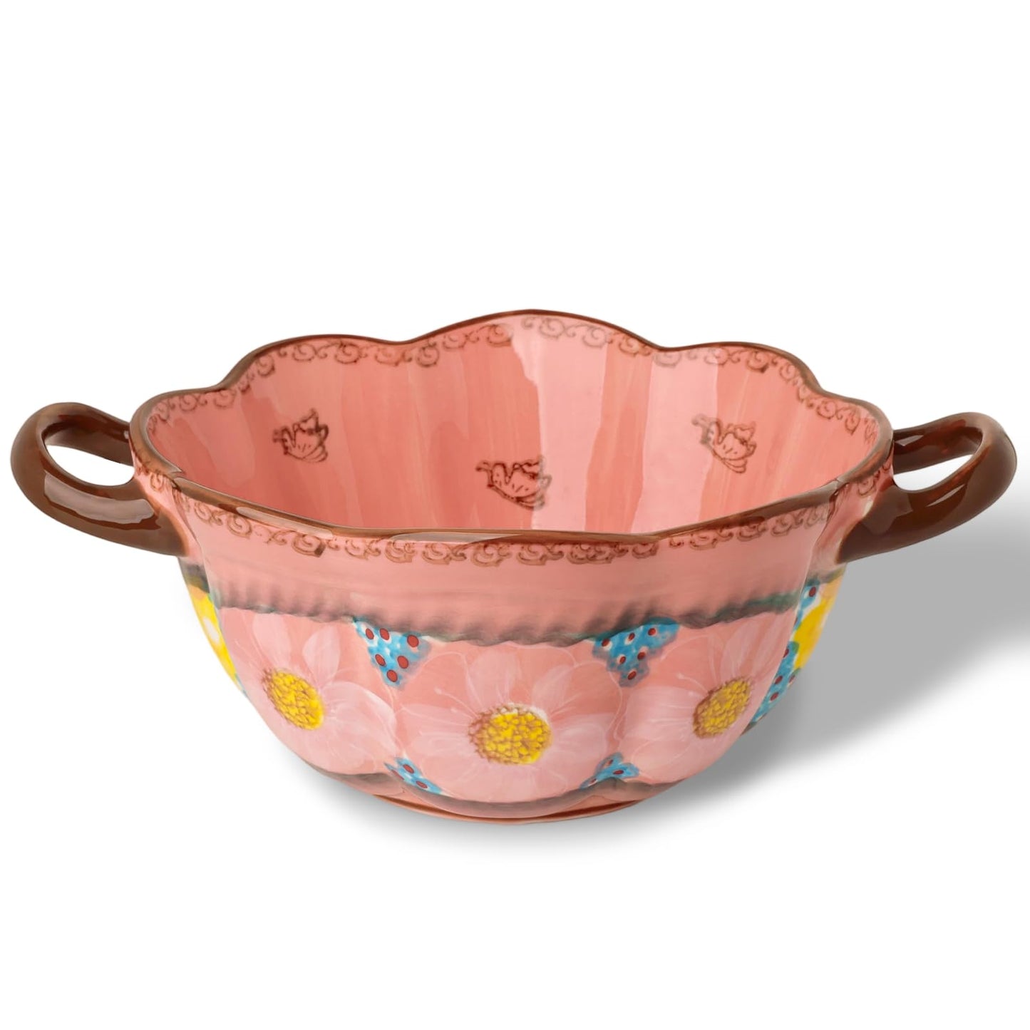 silesia Handmade Salad Bowls with Handles, 45 oz Hand-Painted Serving Bowl, Large Ceramic Crocks for Soup, Pasta, Stew, Microwave & Dishwasher Safe, Kitchen Decor Gift (Glazed Pink)