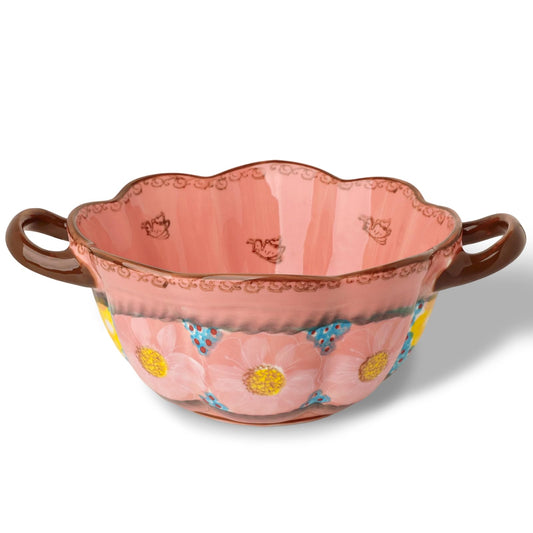 silesia Handmade Salad Bowls with Handles, 45 oz Hand-Painted Serving Bowl, Large Ceramic Crocks for Soup, Pasta, Stew, Microwave & Dishwasher Safe, Kitchen Decor Gift (Glazed Pink)