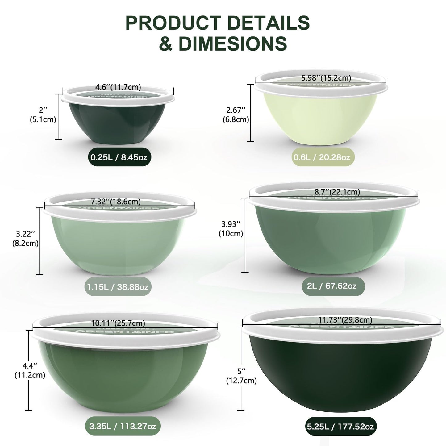Greentainer Plastic Mixing Bowls with Lids Set for Kitchen, 6 Set Nesting Bowls for Mixing, Baking, Prepping, Cooking and Serving Food, Mixing Bowls Dishwasher, Microwave Safe