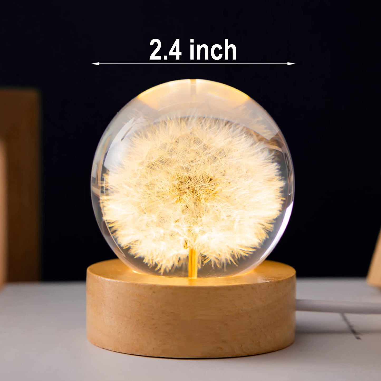 MARZIUS Flower Crystal Ball Night Light,2.4 inch Glass Ball Night Lamp with Woodern Base (Dandelion)