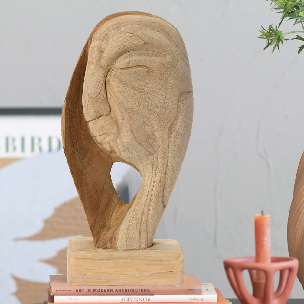 Bloomingville Hand Carved Teakwood Face Sculpture, Natural