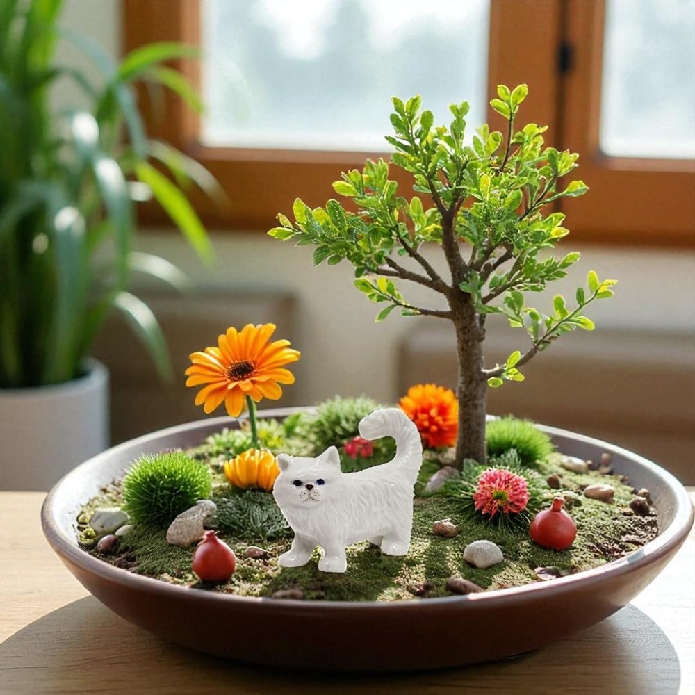 WitnyStore 2½" White Persian Longhair Cat Stand Look Left Ceramic Figurine Terrarium Decoration Collectible Statue for Adult Collectors Handcrafted Porcelain Sculpture Home Room Tabletop Decors