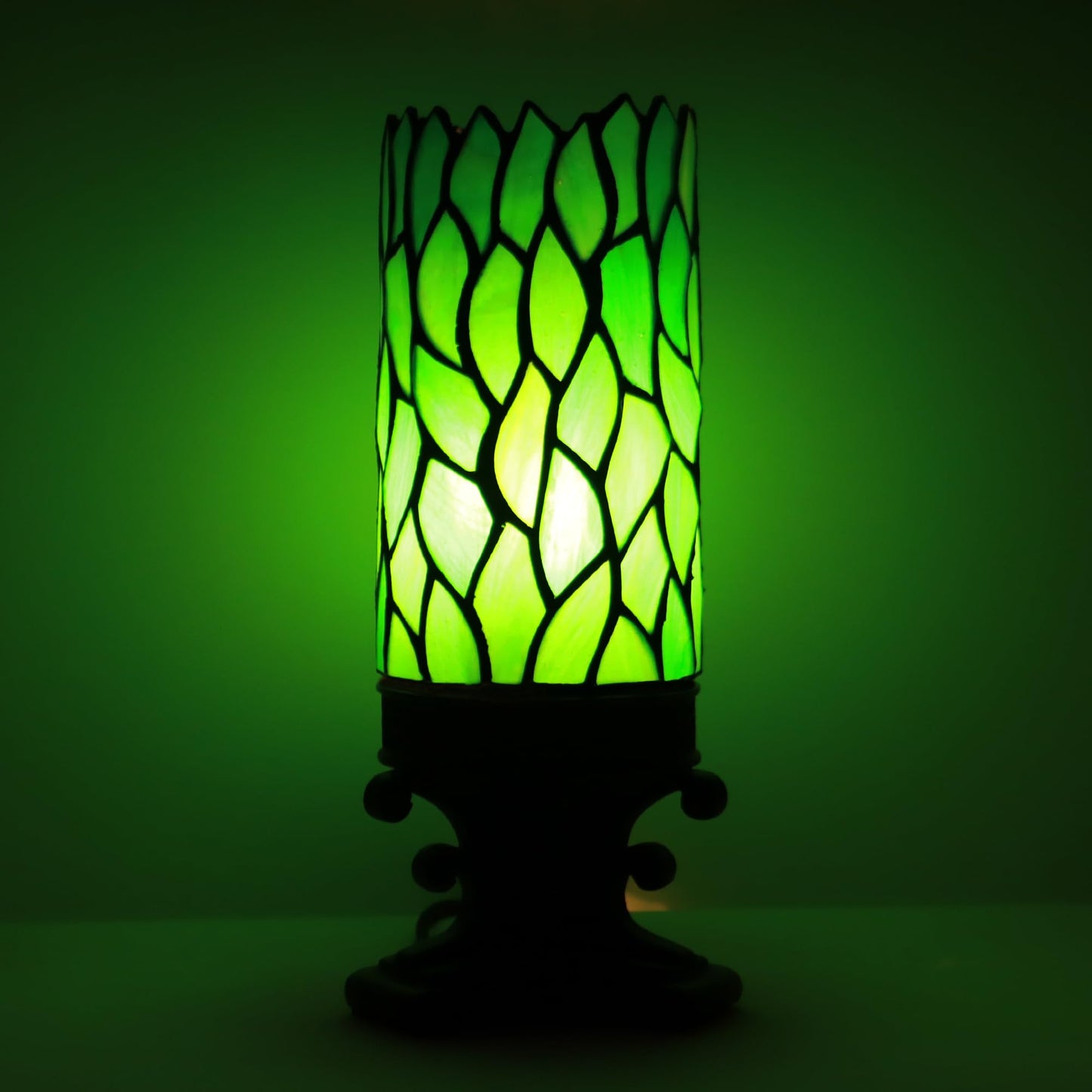 LXHCYOU Small Tiffany Stained Glass Table Lamp Mini Candle Desk Night Light with Bronze Resin Base 4" D x 4" W x 10.5" H Green Wisteria