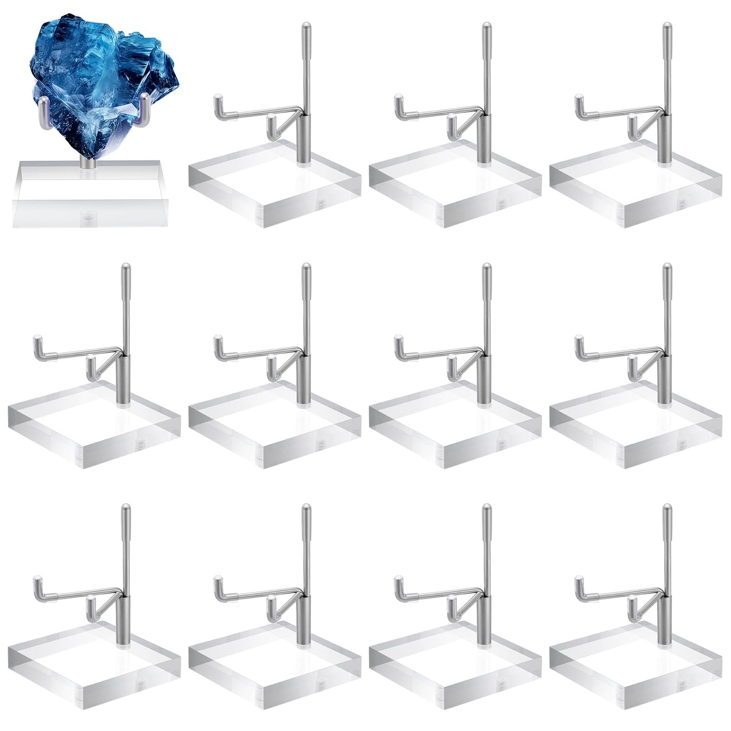GLASSWINDS 16 Pcs Adjustable Metal Crystal Display Shelf, Rock Display Stand with Acrylic Base and Metal Arms, Crystal Holder for Mineral Gemstone Agate Fossil Coral or Other Small Collectible