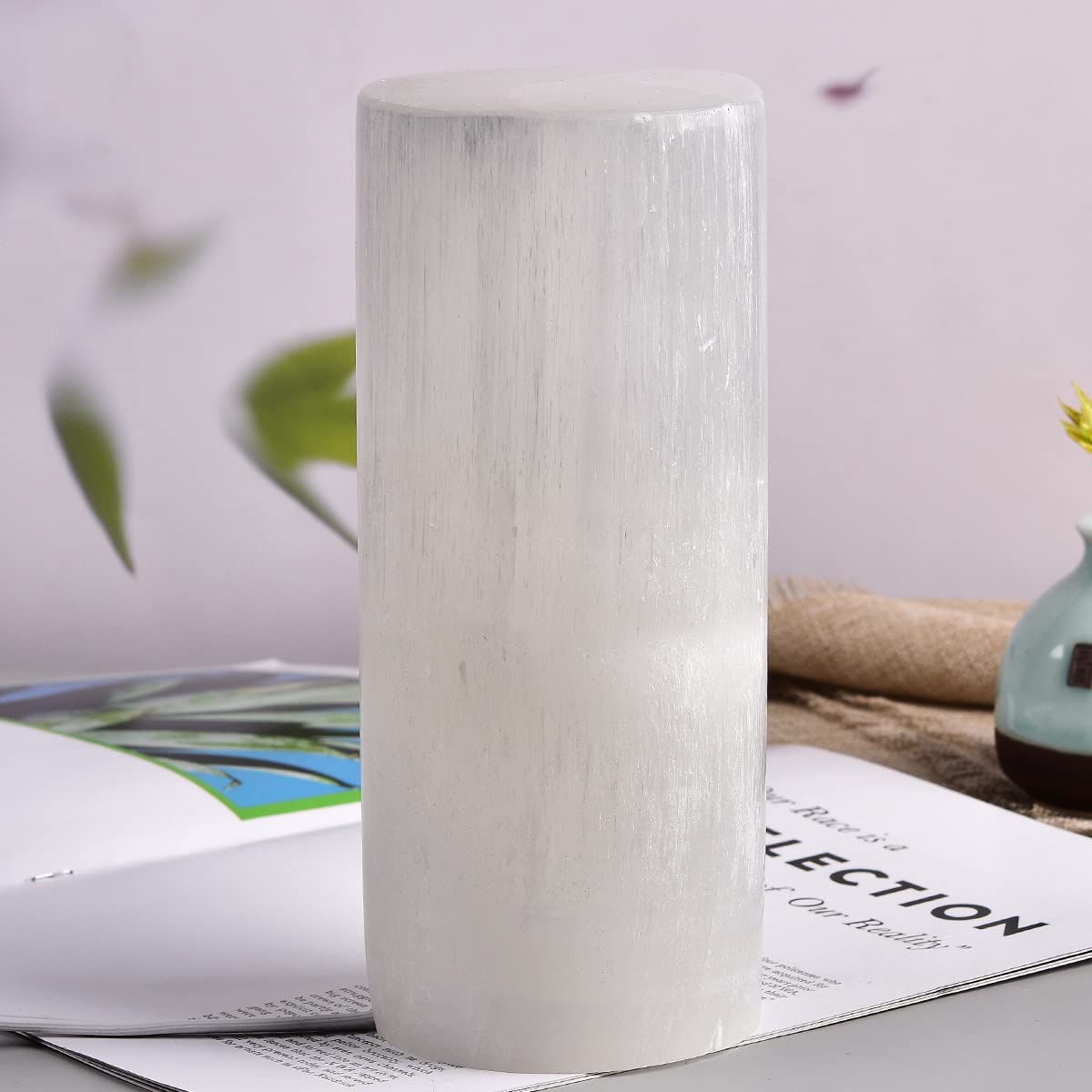 JIC Gem Natural Selenite Crystal Lamp Large Moroccan White Column 8" 4-6 LBS