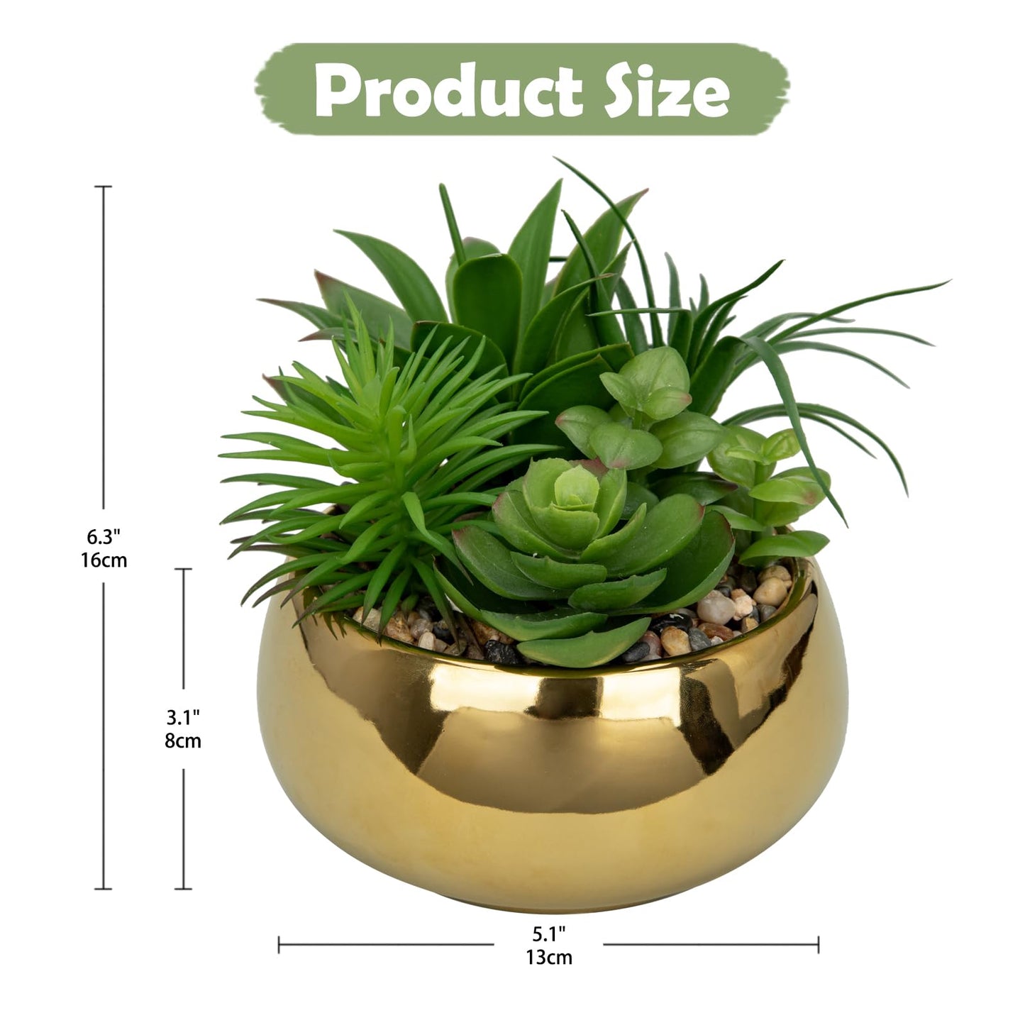Hollyone Succulents Plants Artificial in Pots Fake Succulents for Outdoors Indoor Faux Succulent Arrangement Potted Plant in Gold Ceramics Planter Bowl for Garden Office Desk Living Room Home Decor