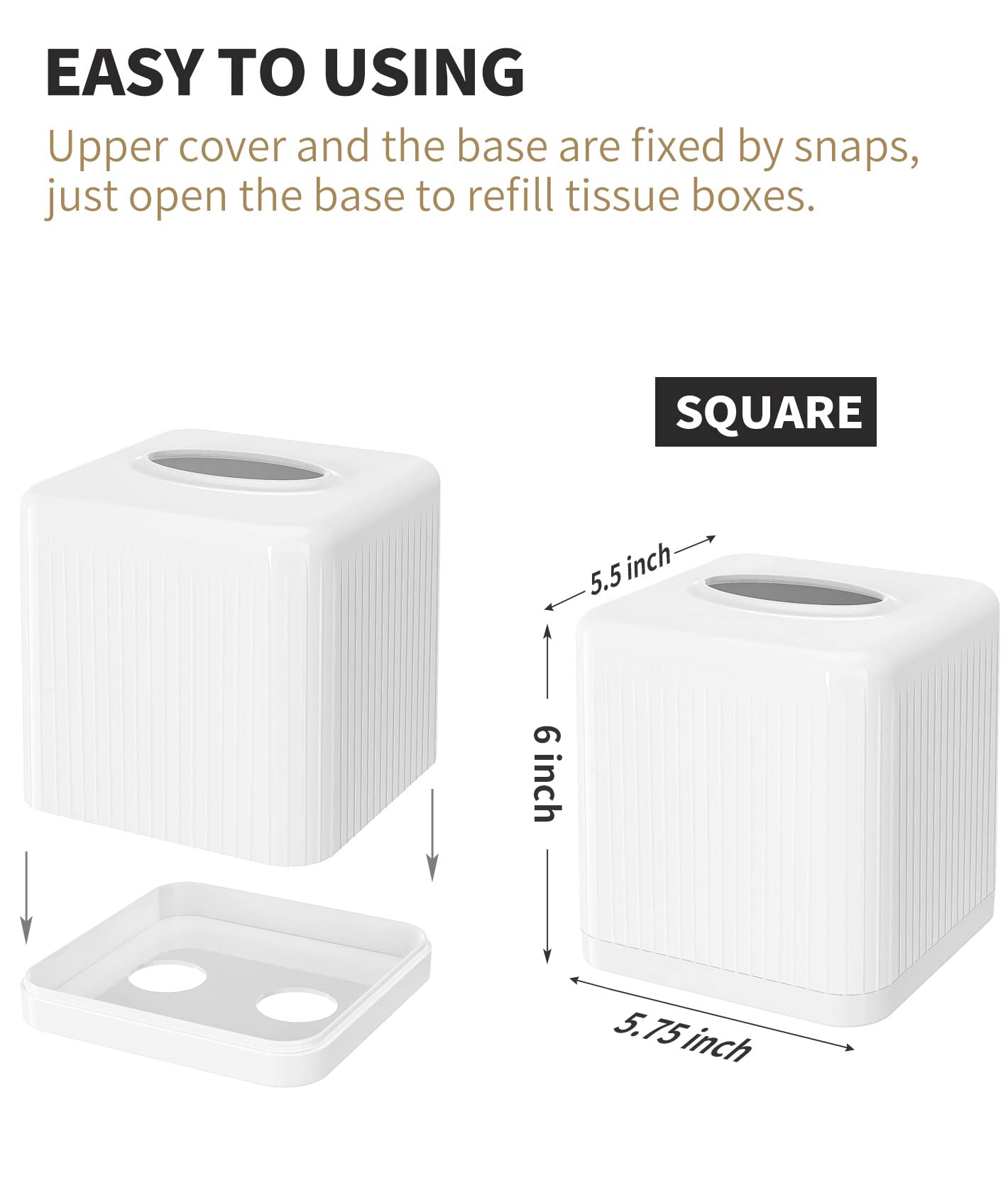 Livelab Tissue Box Cover with Base, Square Plastic Tissue Box Holder Decorative Tissue Cover Modern Cube Facial Tissue Dispenser for Bathroom Vanity Countertop, Living Room, Bedroom, Office - White