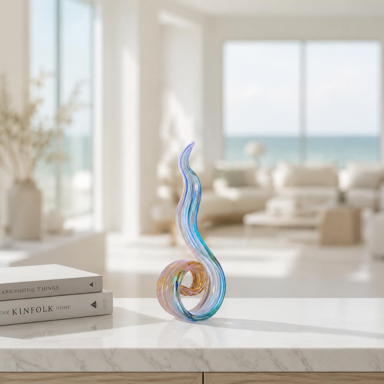 WUBIANJIE Glass Sculptures Home Decor, Hand Blown Art Glass Statue, Abstract Wave Flame Figurine for Living Room Shelf Tabletop Entryway Decorative Indoor Accent