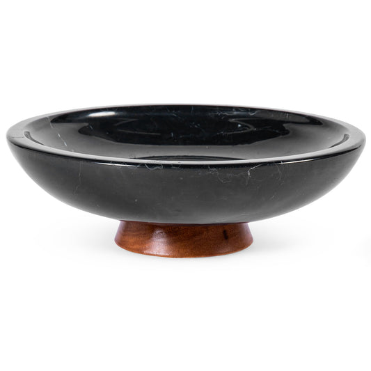Decorative Marble Bowl Black - Handcrafted Natural Stone on Acacia Wood Pedestal - Versatile 10" Catch‑All Centrepiece for Home Decor - Entryway, Dining Table, Kitchen Fruit Bowl, Key Holder (Black)