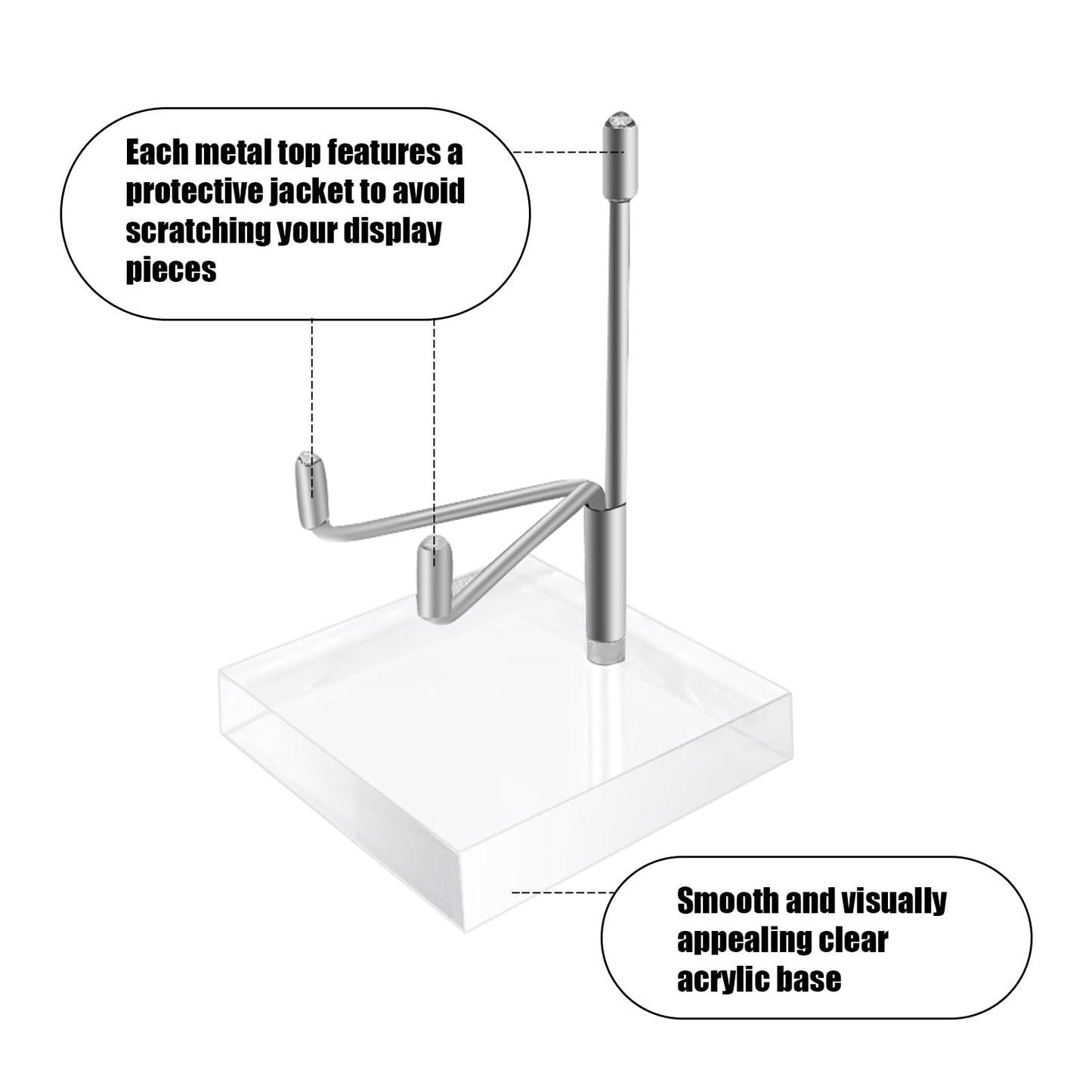 LECEHIVO 20 Pcs Adjustable Metal Arm Display Stand with Acrylic Base Silver Easel Rock Decorative Plate Holder for Picture Book Mineral Geodes Agate Coral Collection