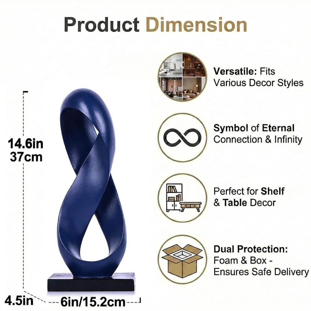QIANLING 14.6" Tall Abstract Blue Knot Sculpture, Modern Resin Infinity Loop Statue, Modern Tabletop Decor for Coffee Table, Bookshelf, Mantel, Entryway, Living Room Office Accent Centerpiece