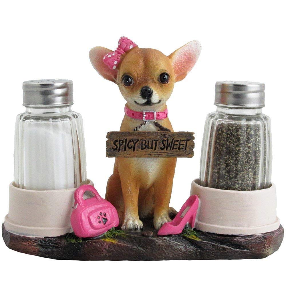 Pretty in Pink Girl Chihuahua Glass Salt and Pepper Shaker Set with Holder Figurine in Dog Statues & Sculptures and Decorative Southwestern Kitchen Decor Gifts