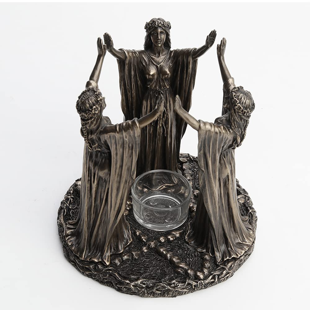 Veronese Design 6 3/4 Inch Tall Triple Moon Goddess Maidens Ritual Candle Tealight Holder Cold Cast Bronzed Resin Sculpture Wiccan Alter Figurine Home Decor New Age Religious Collectible