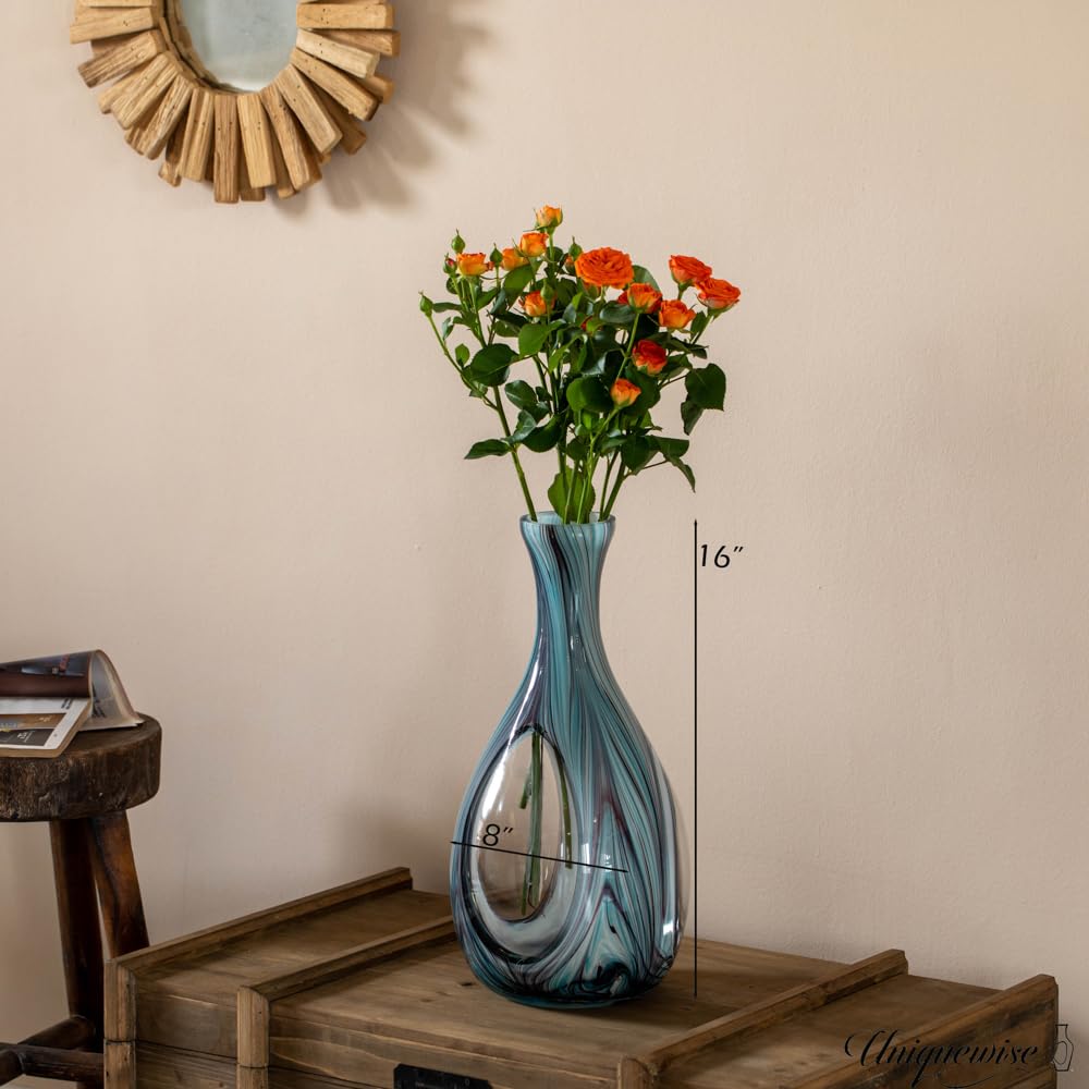 Uniquewise 16-Inch Multitone Glass Table Vase in Blue Hue - Minimalist, Decorative Boho Vase with Rustic Farmhouse Style, Home Decor - Living Room, Bedroom Table, Kitchen Shelf, or Office Desk Decor