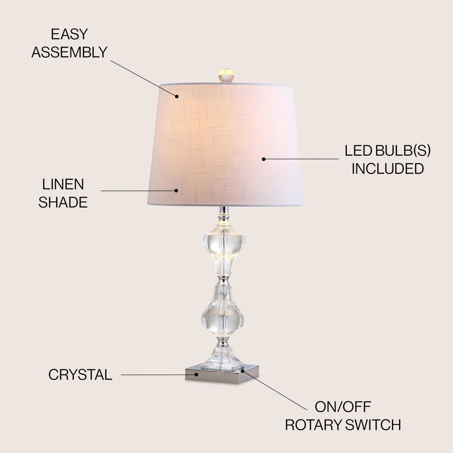 JONATHAN Y 26" Clear Crystal Column Table Lamp, Glam Transitional Chrome Metal Lamp with White Linen Shade for Living Room Bedroom Nightstand, LED Bulb Included JYL2038A