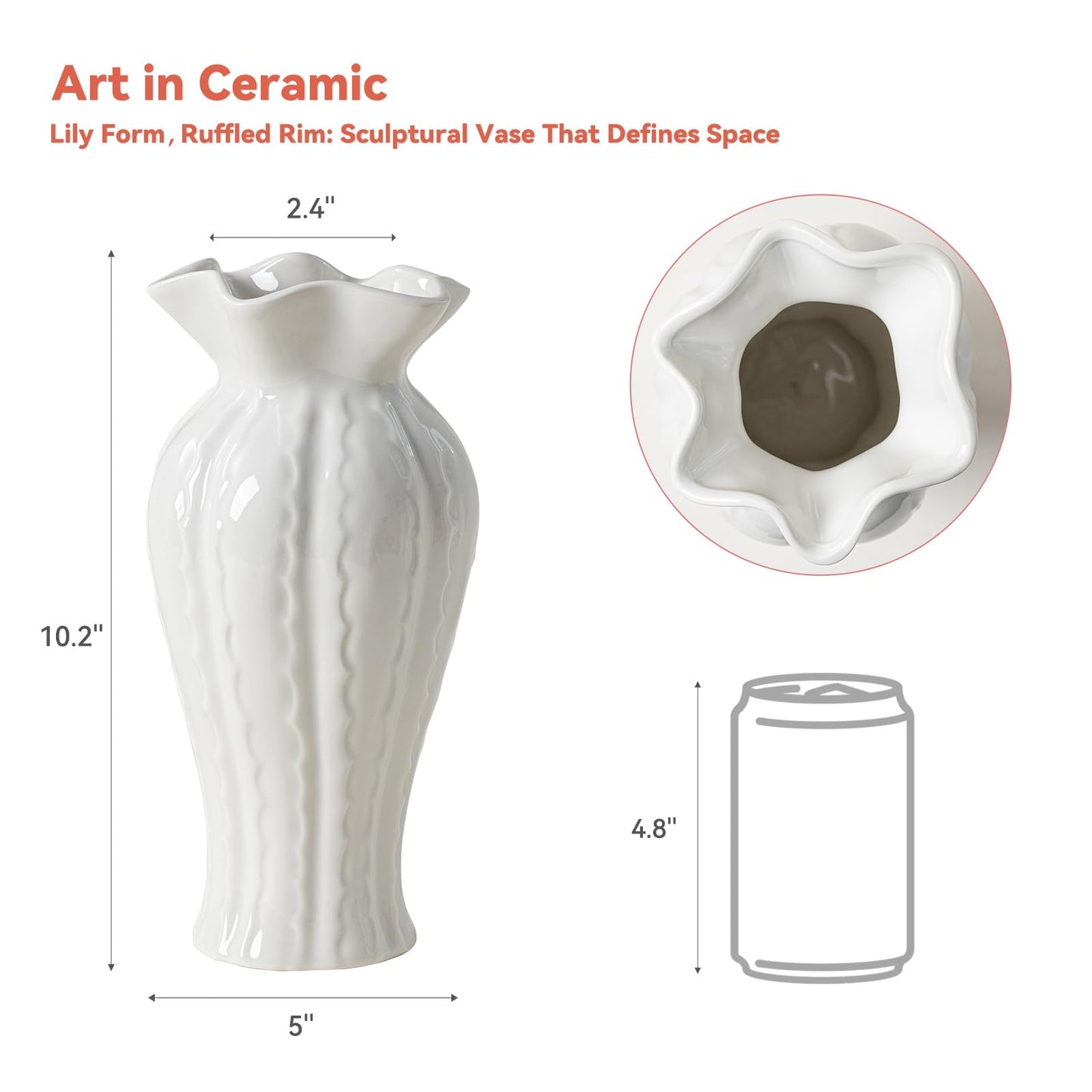 Elegant Lily Ceramic Flower Vase - 10.2" Glossy White Modern Vase for Decor Living Room, Table Centerpieces for Dining Room, Aesthetic Home Gifts