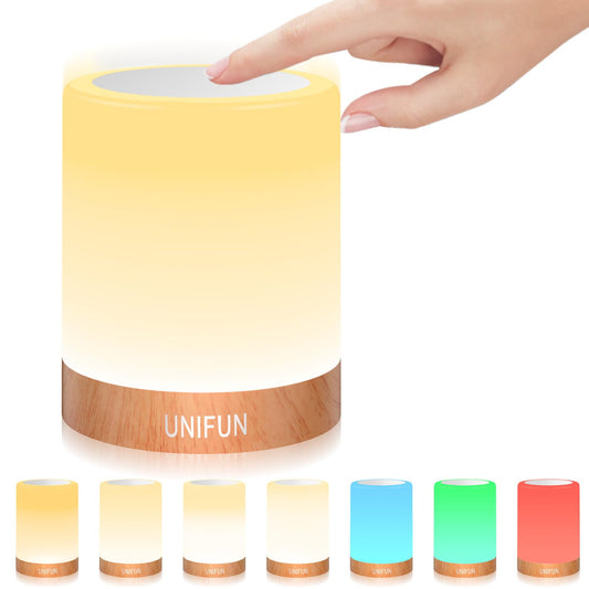 UNIFUN Touch Control Night Light - Rechargeable Bedside Table Lamp with Dimmable Warm White (2800K-3100K) & RGB Color Changing, Portable Cordless LED Lamp for Bedroom, Nursery, Living Room
