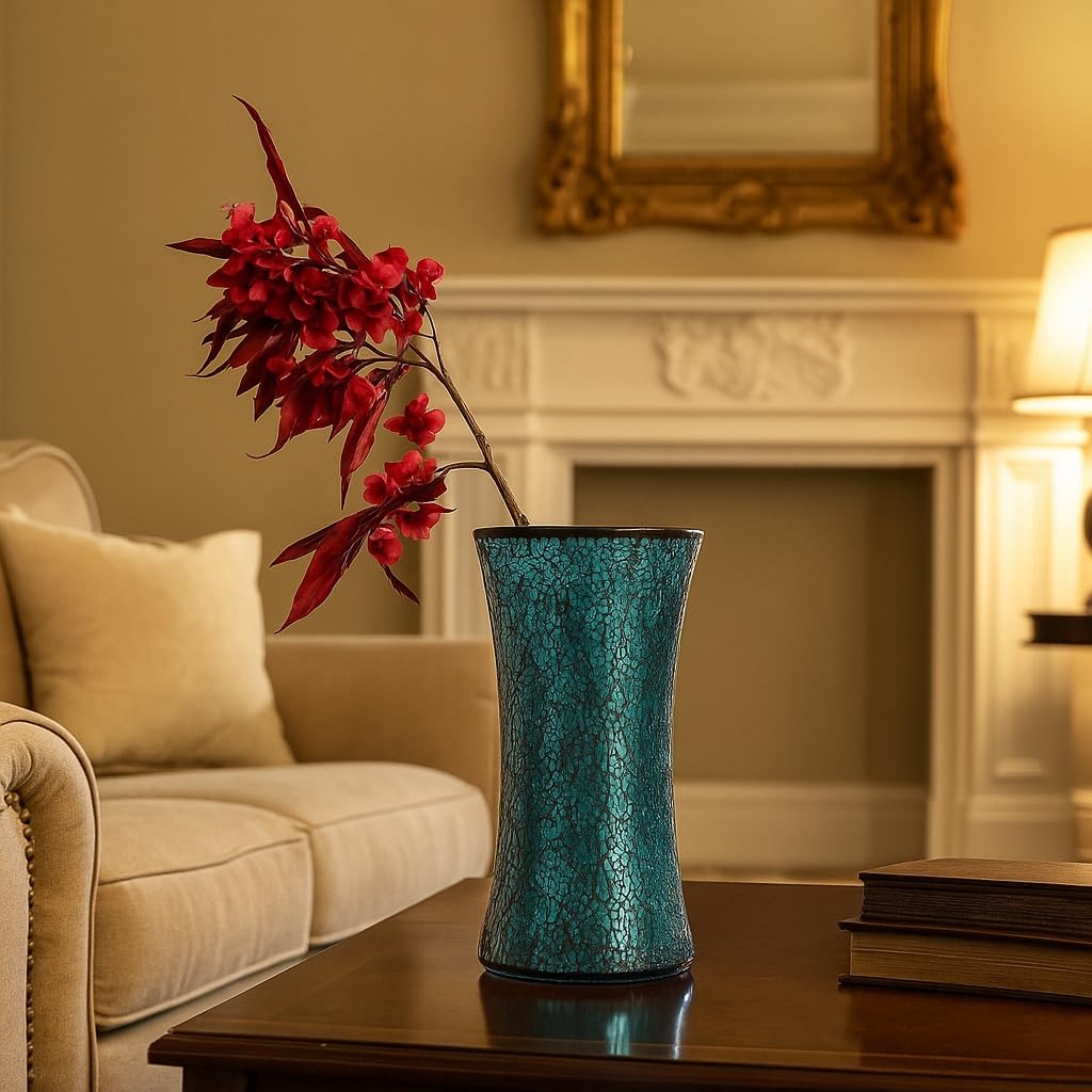 Decorative Mosaic Glass Vase, 5x10 Inches, Crackled Design Table Centerpiece (Teal)