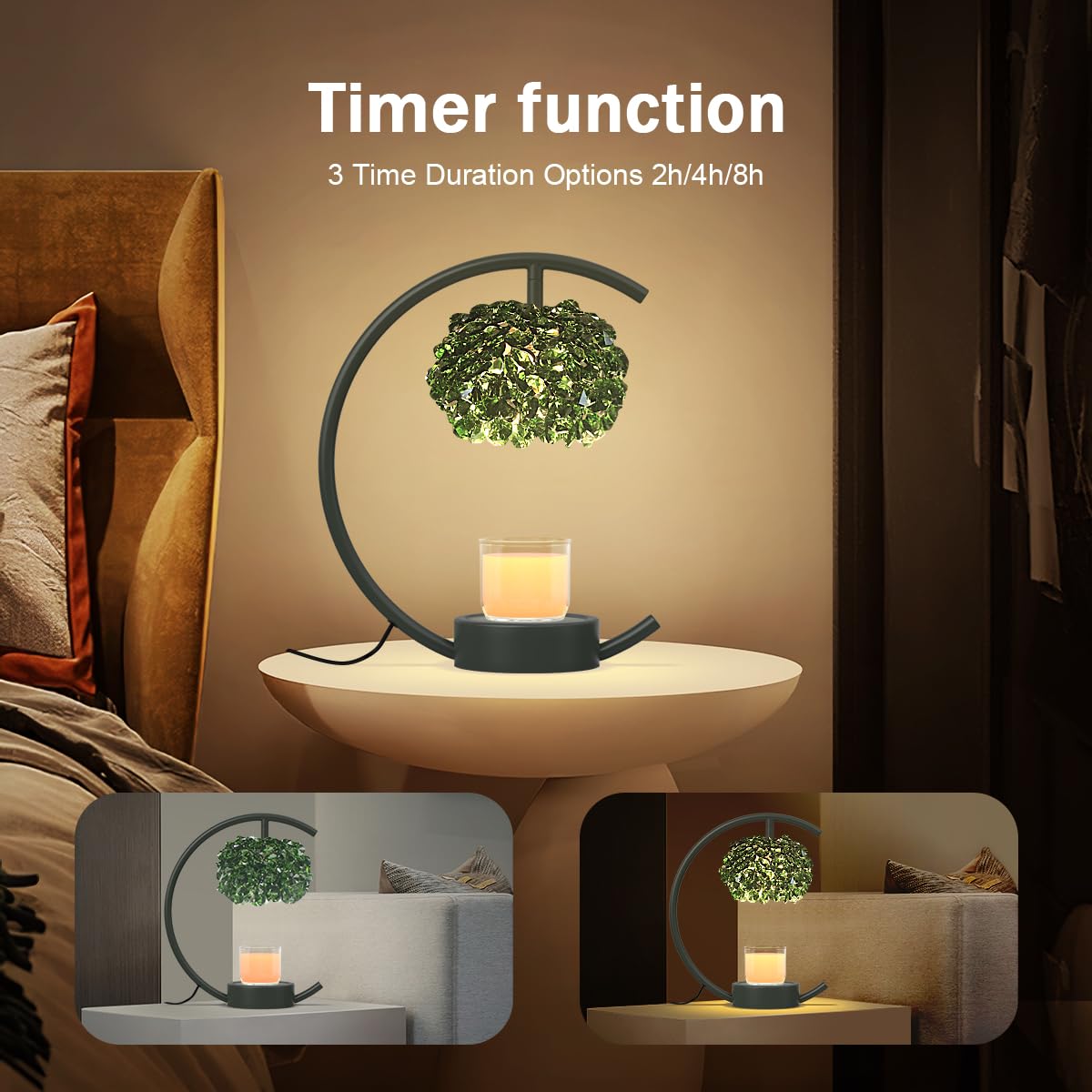 Yeuslor Candle Warmer Lamp for Jar Candles with Adjustable Brightness＆Timer，Handcrafted Green Crystal Candle Lamp Luxurious Design+2Bulbs,Home Decoration Electric Candle lamp(Balck C-Shaped)