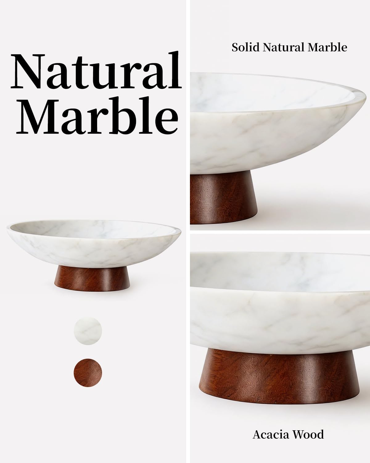 RGBDOT Marble Decorative Bowl, 11” Large Centerpiece for Table, Fruit Bowl for Kitchen Counter, Coffee Table or Entryway Decor, Natural Marble with Wood Base, Housewarming Gift - White