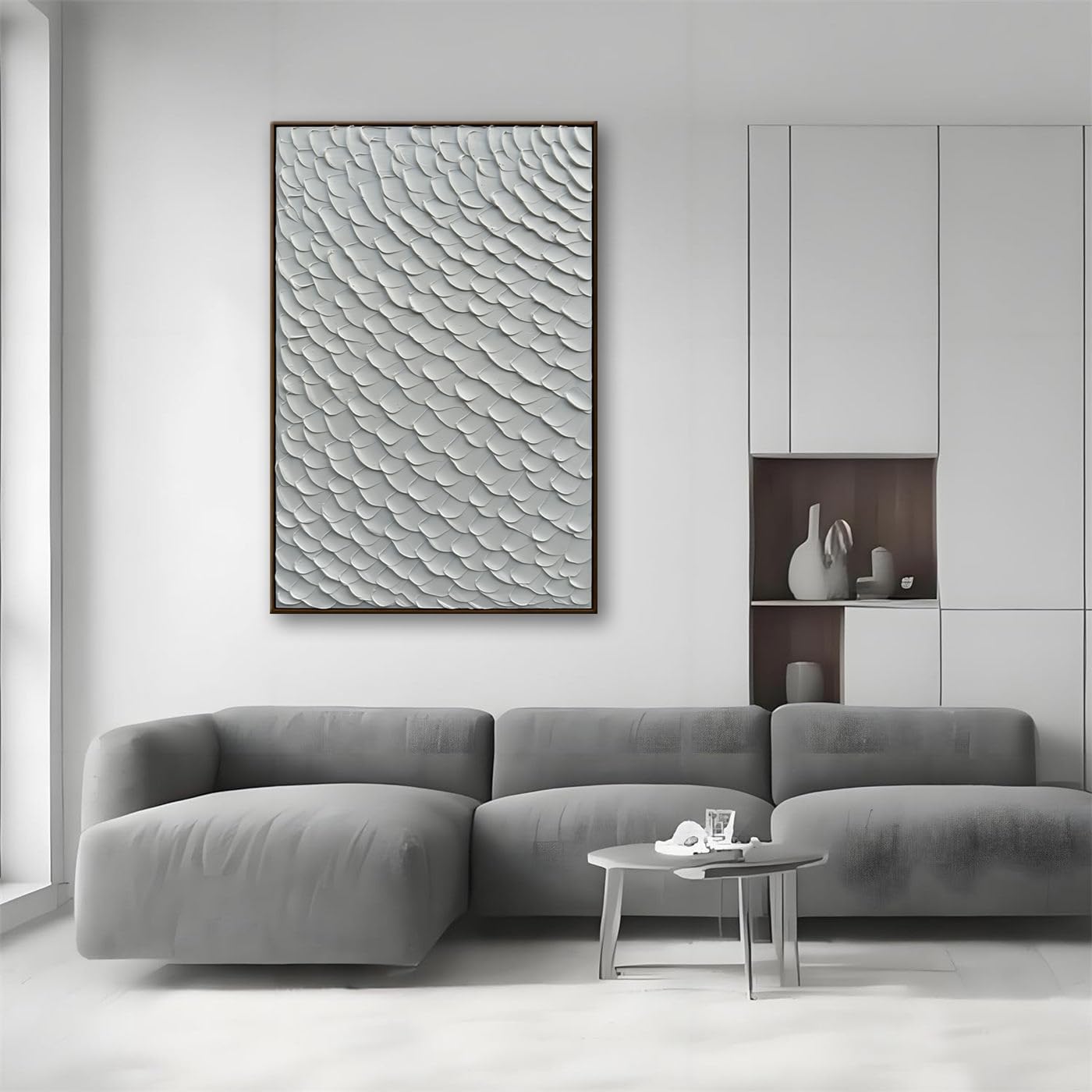 Slyart White Textured Wall Art, Handmade Mermaid Painting Framed Artwork, 3D Vertical Canvas Abstract White Wall Art 24"*36"