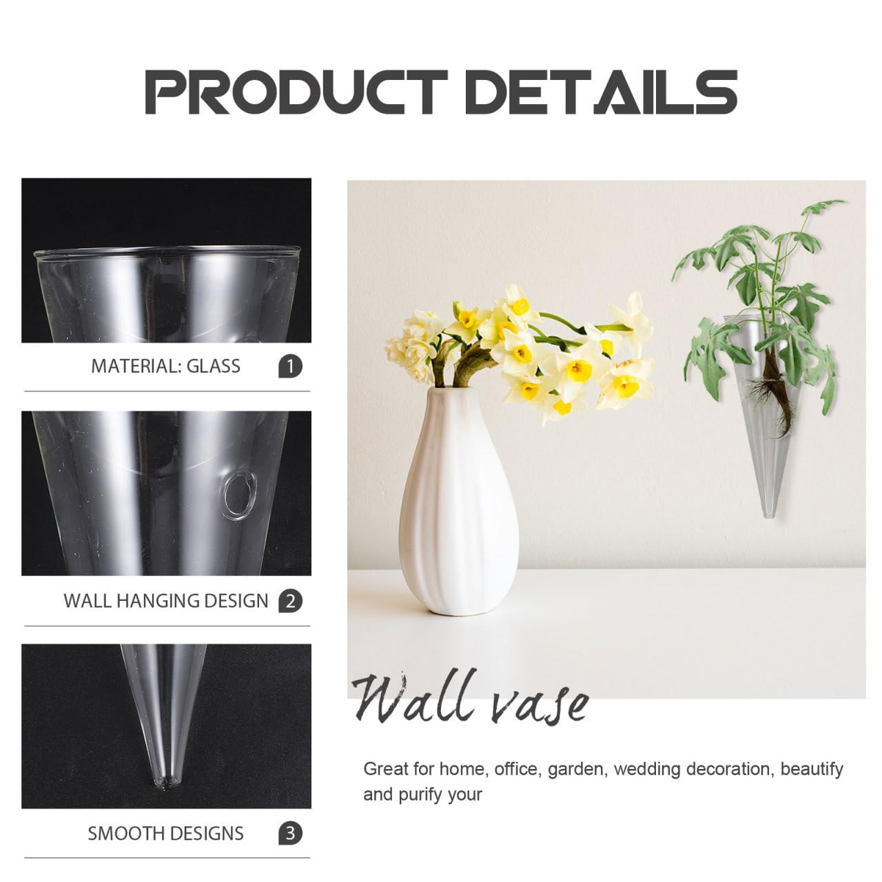 Wakauto Clear Glass Wall Vase Cone Shape Decorative Hanging Planter for Hydroponic Flowers and Greenery Chic Wall Mounted Bud Holder for Home Dorm Office