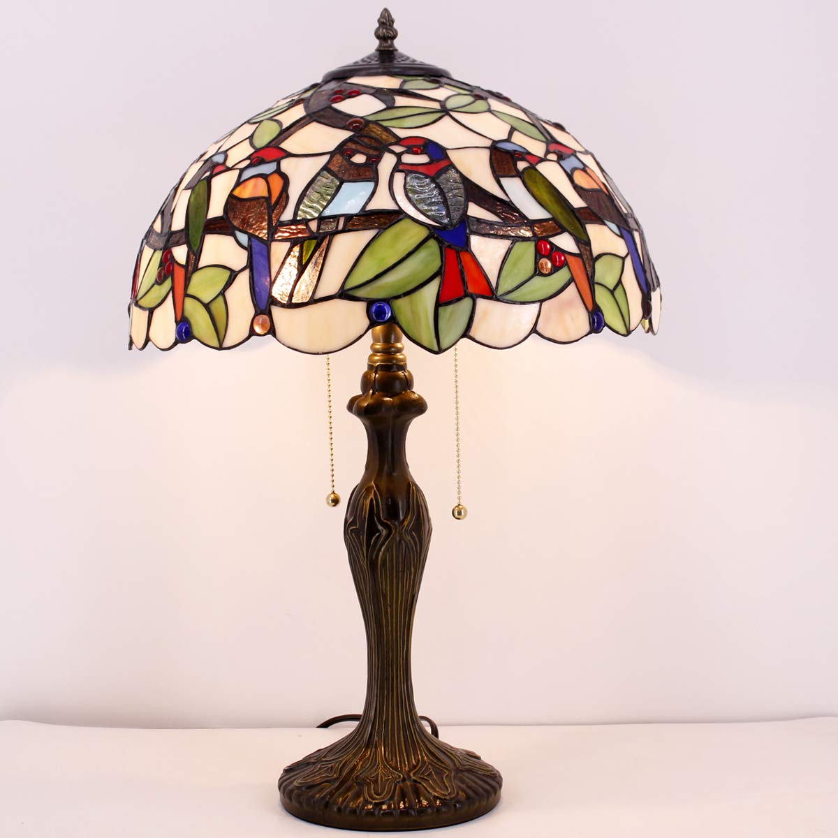 WERFACTORY Tiffany Table Lamp Colorful Stained Glass Birds Bedside Lamp 24"