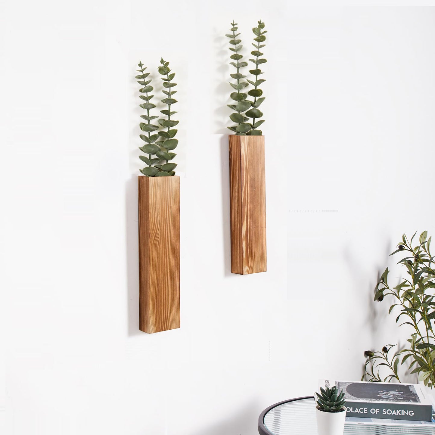 Mokof 2-Pack Wood Wall Planters with 4 Removable Faux Eucalyptus Stems - Modern Farmhouse Wall Decor for Living Room, Bedroom, Bathroom - Wooden Wall Vases and Fake Eucalyptus for Home Office Decor
