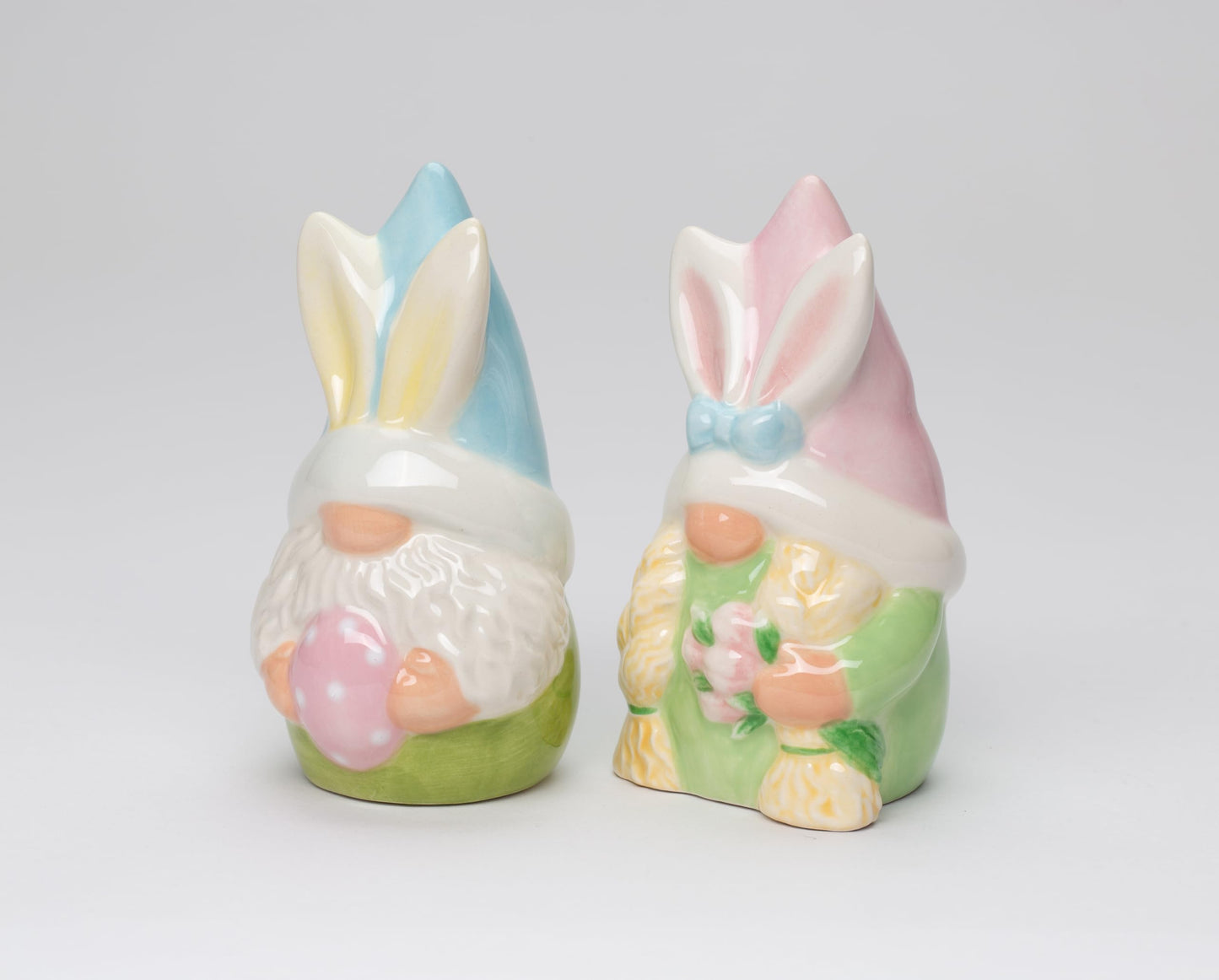 Fine Ceramic Spring Easter Gnome Bunny Rabbit Salt & Pepper Shakers Set, 3-7/8"