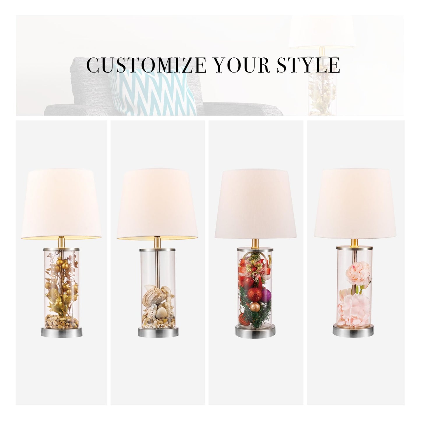 Globe Electric 67155 Maya 21" Fillable Table Lamp, Clear Glass and Steel Base, White Fabric Shade