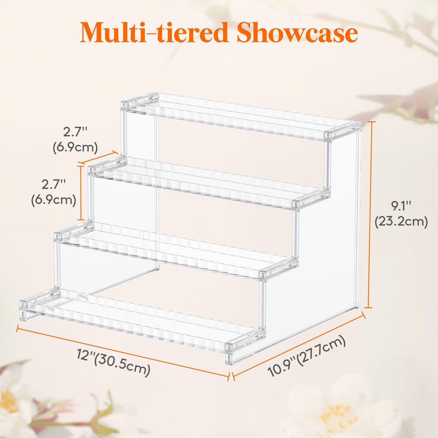 Lifewit 4 Tier Clear Display Riser Stand with Decorative Secure Fences, Tool-free Assembly, Plastic 12 Inch Perfume Organizer, Display for Figures, Cupcake, Dessert, 1-pack